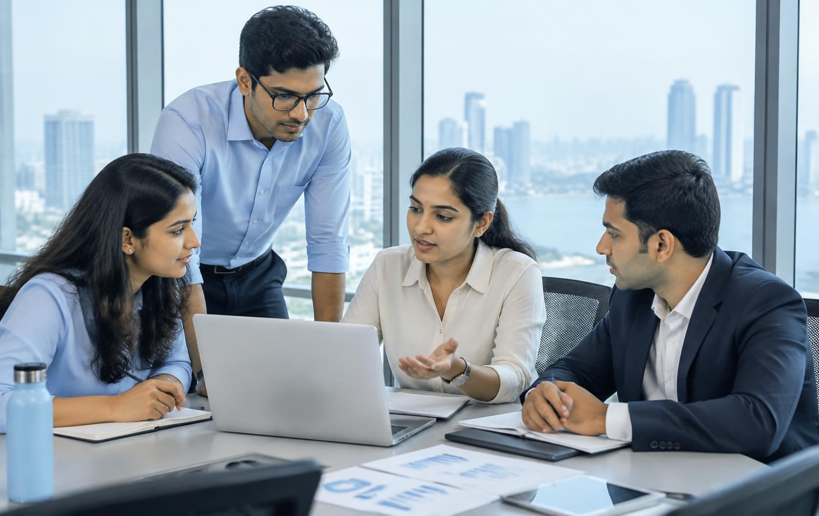 Graduate analysts collaborating in a Mumbai office